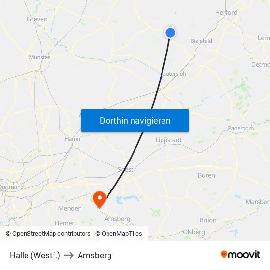 Halle (Westf.) to Arnsberg map