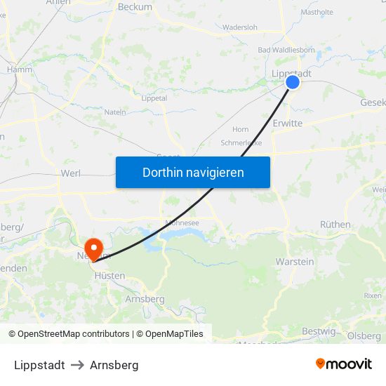 Lippstadt to Arnsberg map