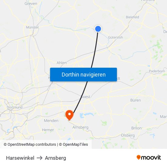 Harsewinkel to Arnsberg map