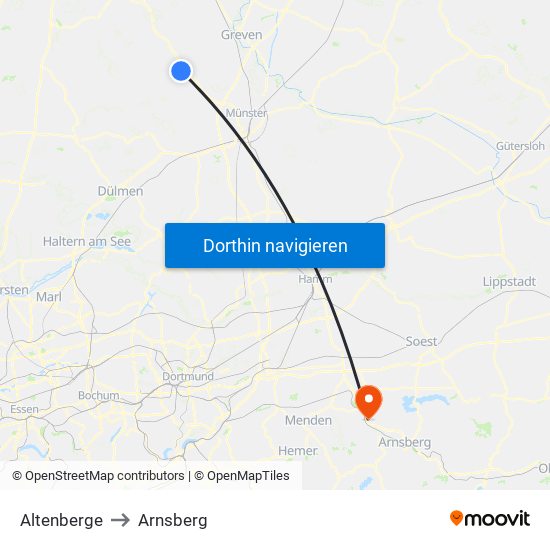 Altenberge to Arnsberg map