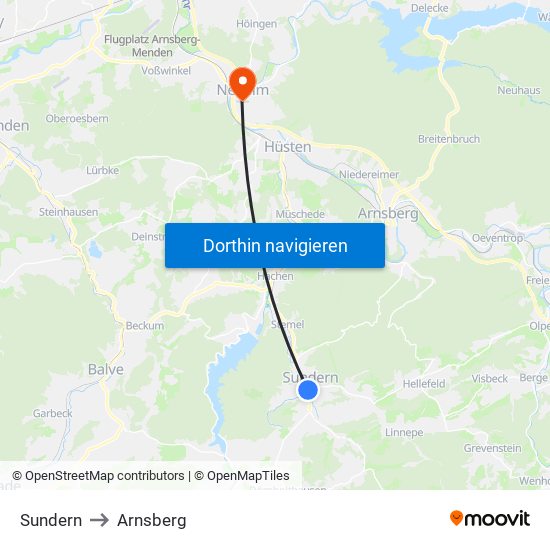 Sundern to Arnsberg map