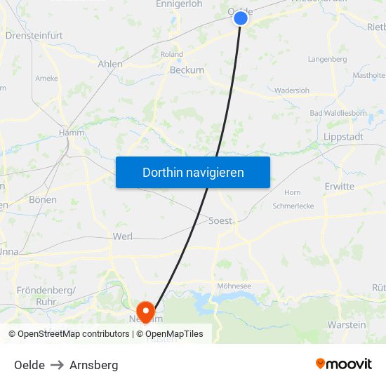 Oelde to Arnsberg map