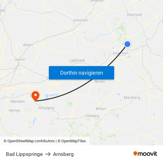 Bad Lippspringe to Arnsberg map