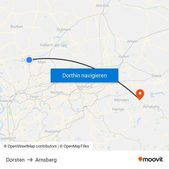 Dorsten to Arnsberg map