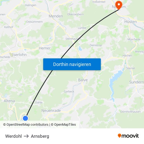 Werdohl to Arnsberg map