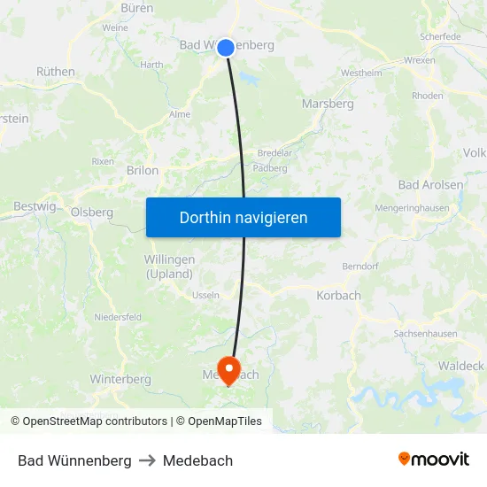 Bad Wünnenberg to Medebach map