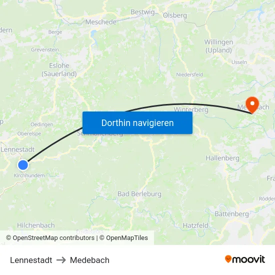 Lennestadt to Medebach map