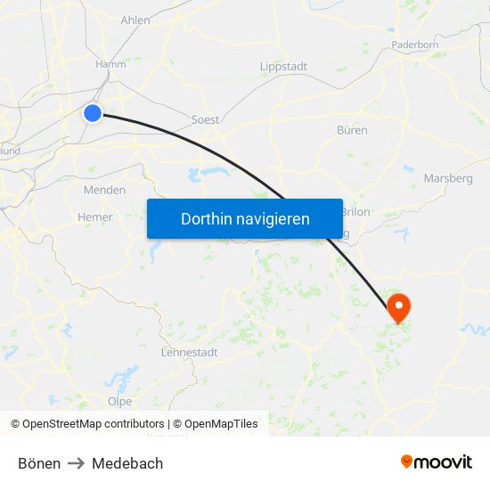 Bönen to Medebach map