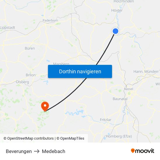 Beverungen to Medebach map