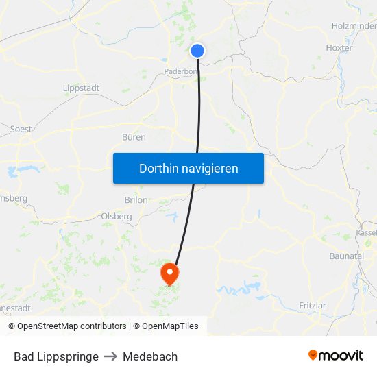 Bad Lippspringe to Medebach map