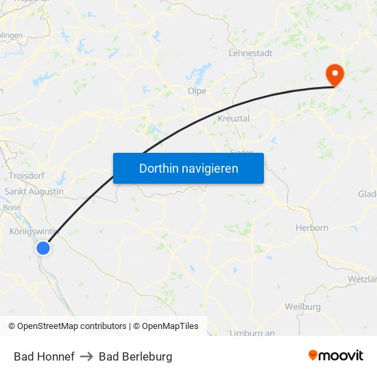 Bad Honnef to Bad Berleburg map