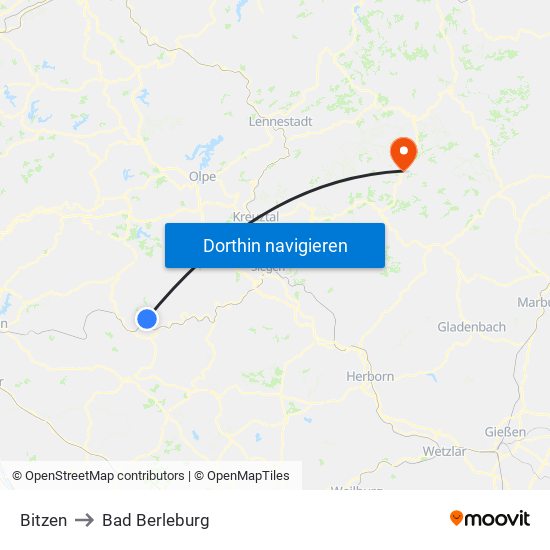 Bitzen to Bad Berleburg map