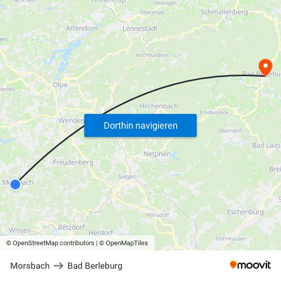 Morsbach to Bad Berleburg map
