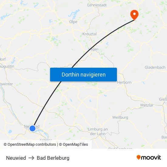 Neuwied to Bad Berleburg map