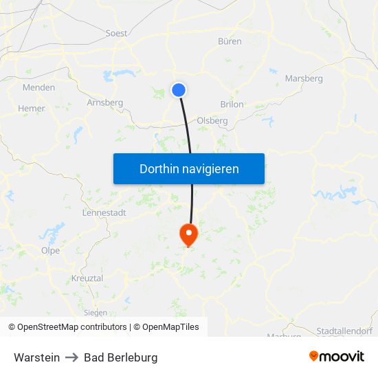 Warstein to Bad Berleburg map