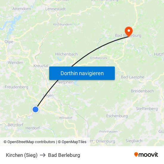 Kirchen (Sieg) to Bad Berleburg map