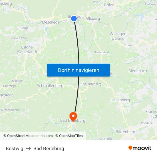 Bestwig to Bad Berleburg map