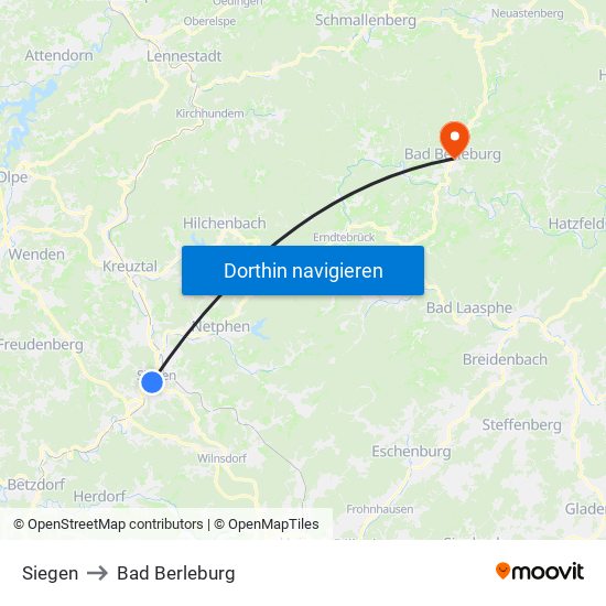 Siegen to Bad Berleburg map