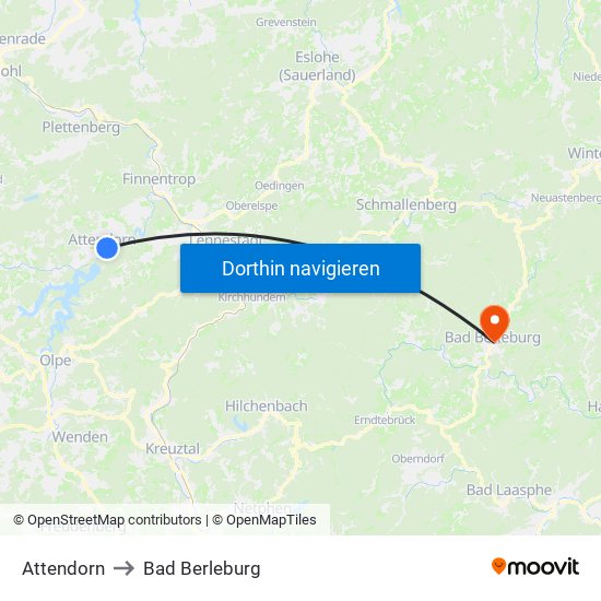 Attendorn to Bad Berleburg map