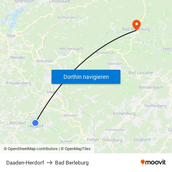 Daaden-Herdorf to Bad Berleburg map