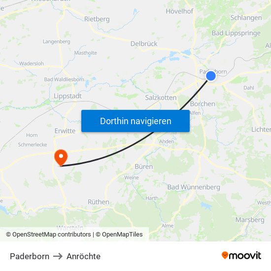 Paderborn to Anröchte map
