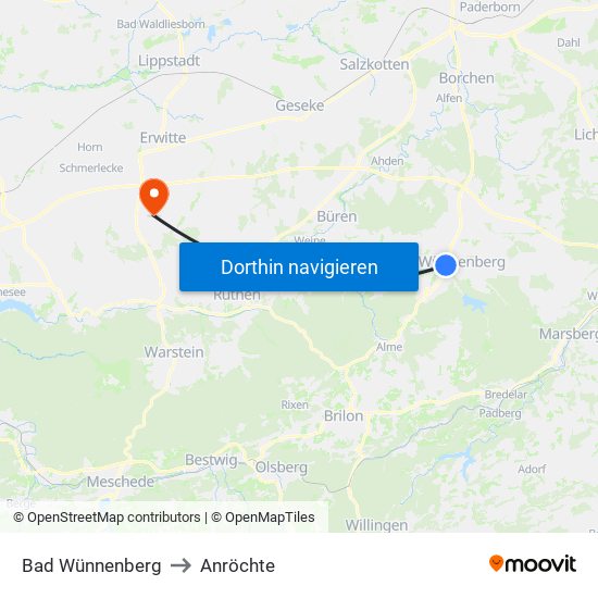 Bad Wünnenberg to Anröchte map