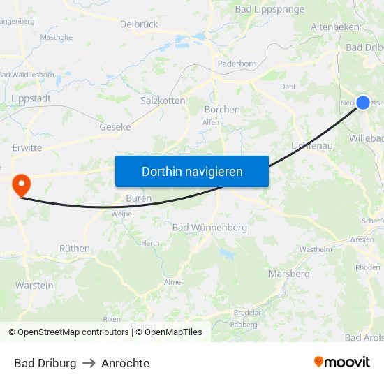Bad Driburg to Anröchte map