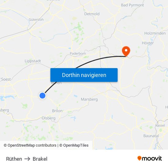 Rüthen to Brakel map