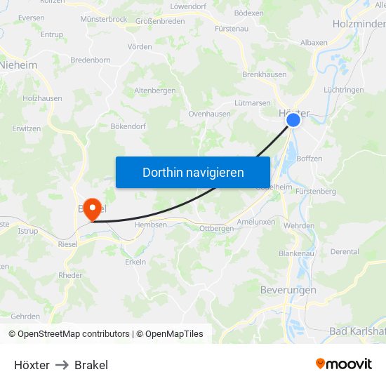 Höxter to Brakel map