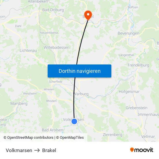 Volkmarsen to Brakel map