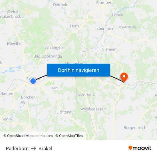 Paderborn to Brakel map