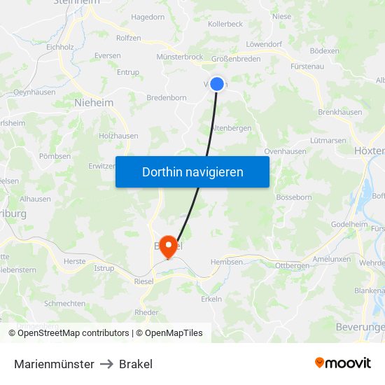 Marienmünster to Brakel map
