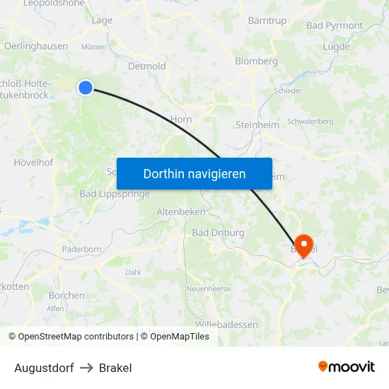 Augustdorf to Brakel map