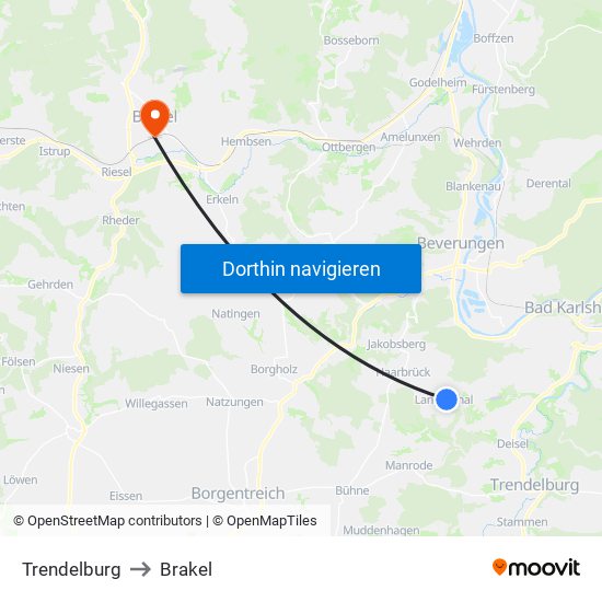Trendelburg to Brakel map