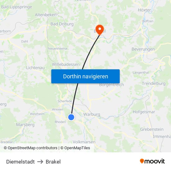 Diemelstadt to Brakel map