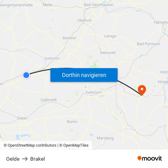 Oelde to Brakel map