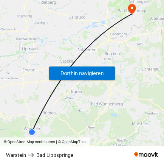 Warstein to Bad Lippspringe map