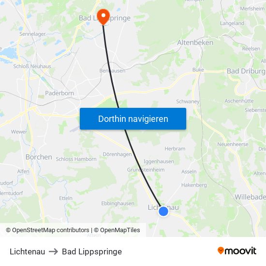 Lichtenau to Bad Lippspringe map