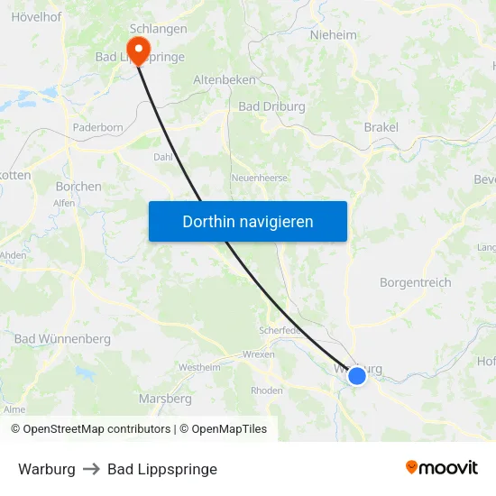 Warburg to Bad Lippspringe map