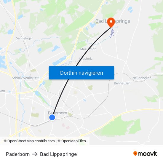 Paderborn to Bad Lippspringe map