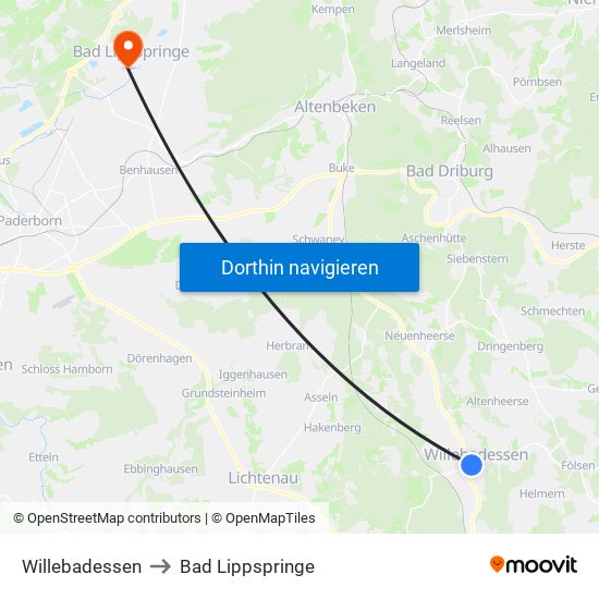 Willebadessen to Bad Lippspringe map