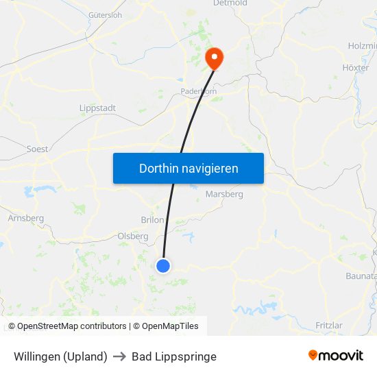 Willingen (Upland) to Bad Lippspringe map