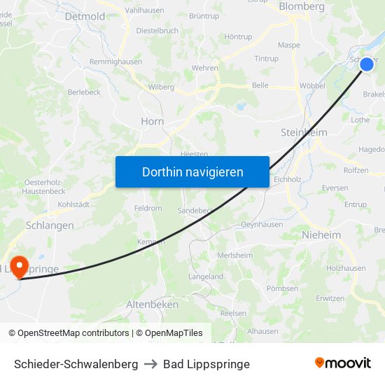 Schieder-Schwalenberg to Bad Lippspringe map