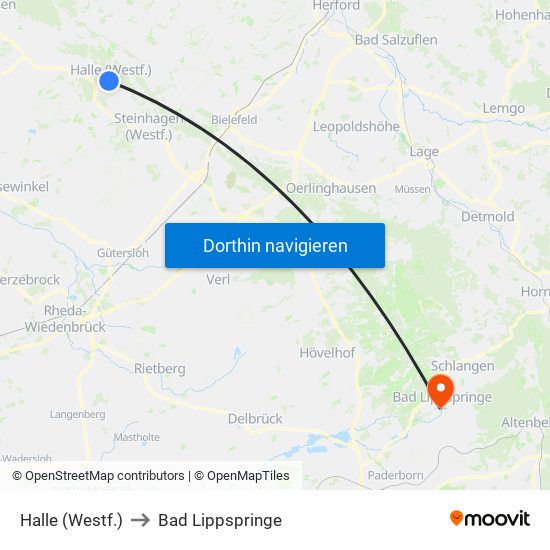 Halle (Westf.) to Bad Lippspringe map