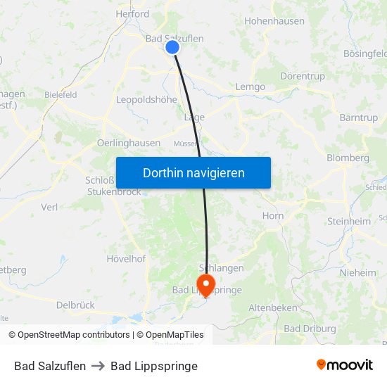 Bad Salzuflen to Bad Lippspringe map