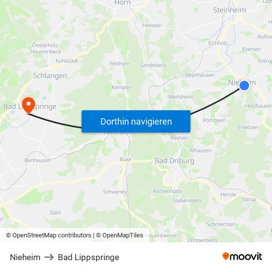 Nieheim to Bad Lippspringe map