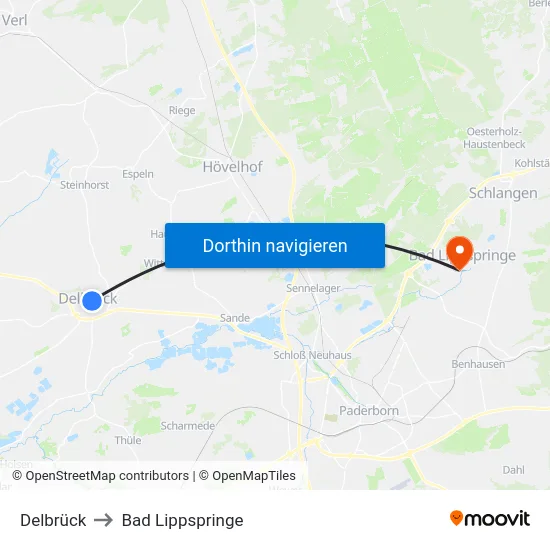 Delbrück to Bad Lippspringe map