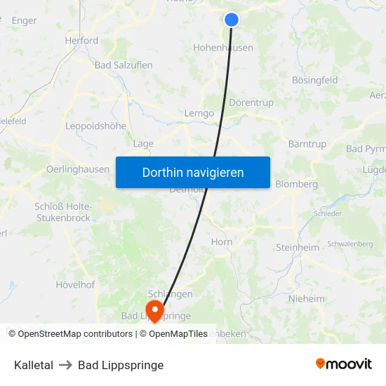 Kalletal to Bad Lippspringe map
