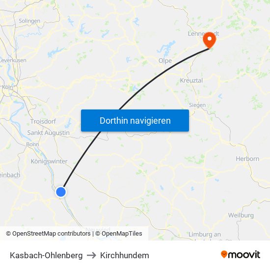 Kasbach-Ohlenberg to Kirchhundem map