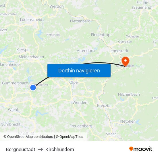 Bergneustadt to Kirchhundem map